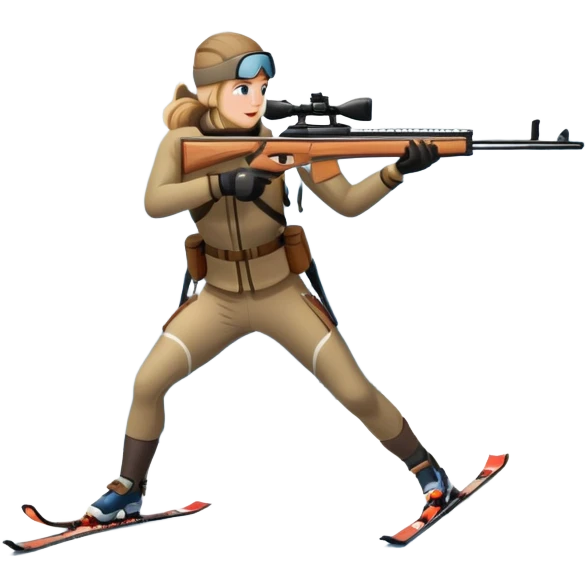 An icon showing a snowy landscape with pine trees, mountains, and a clear sky with a biathlete aiming a rifle in the foreground, wearing winter gear and skis. Transparent background emphasizes the precision, endurance, and beauty of this winter sport. emoji