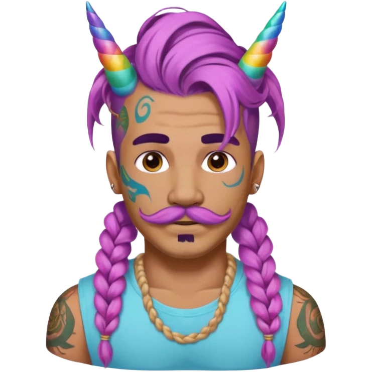 big lose braids starting from the top sides of the head hair like a unicorn man with mustache face wiith big visible loose only two braids and lots and lots of colored face tattoos colored tattoos like a tattoo artist hair unique color emoji