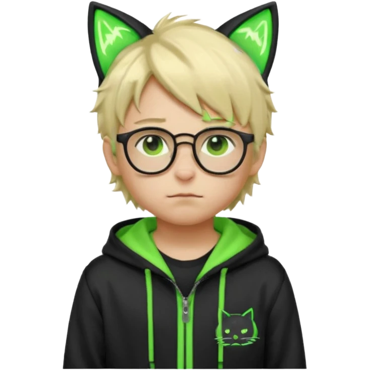 Light blond, slightly messy hair
Black glasses
A black hoodie with cat ears
Neon green details on the jacket and pants (glowing lines and stripes)
An overall hacker / cyberpunk style look
A neutral facial expression (boy )eyes brown) the hood with ears BROWN EYE BROWN EYE emoji