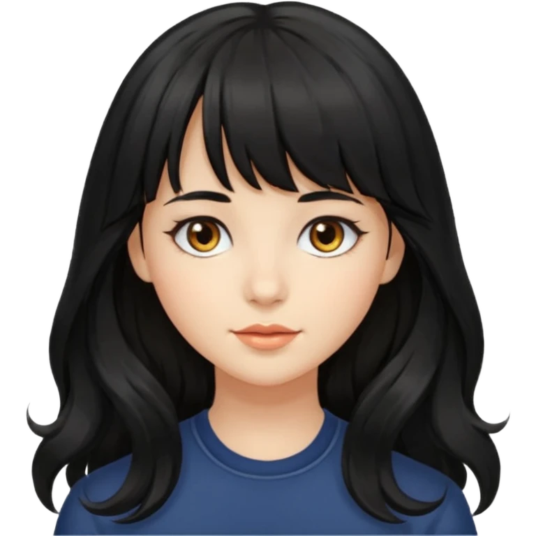 A girl with long, wavy black hair with bangs and medium-sized hazel eyes emoji