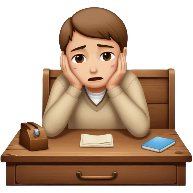 person sitting at a vintage wooden desk crying emoji