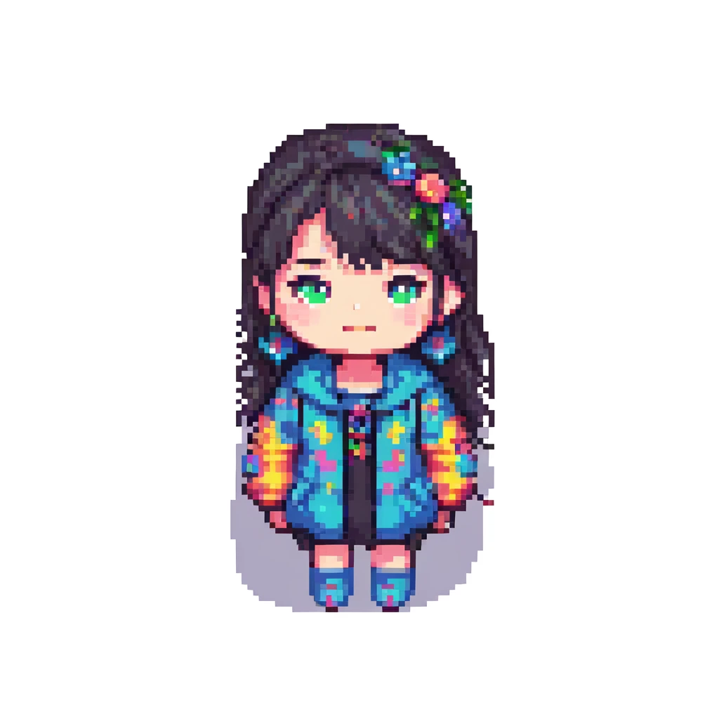 pixel art of a 17-year-old Korean girl, simple and expressive, vibrant colors, small sprite emoji