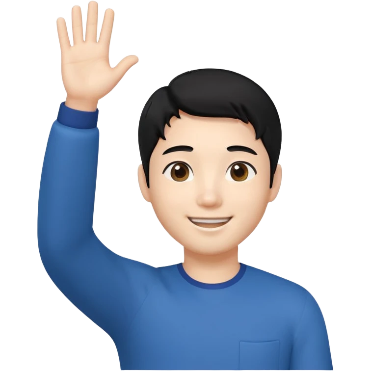 귀엽게 생긴 검정머리 피부하얀 한국 남자, 상반신 다 보이고, 한손 흔들고 있음 3D 생성 emoji