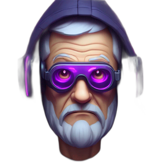 Russian old man wearing a black hoodie with "OMG" letters on it and VR headset in a cyberpunk VR environment with violet neon lighting. emoji