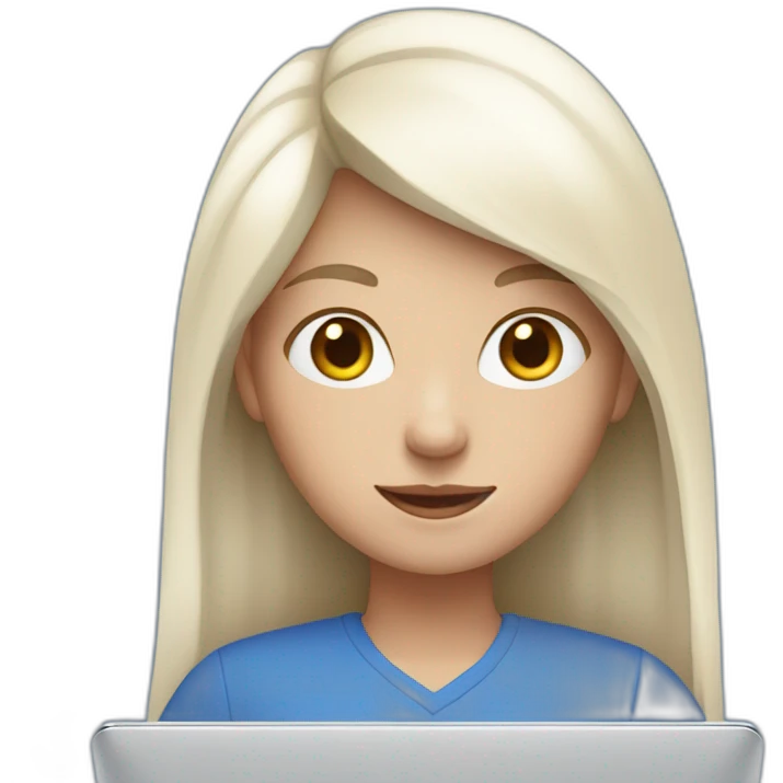 Girl with white skin in blue clothes behind laptop  emoji