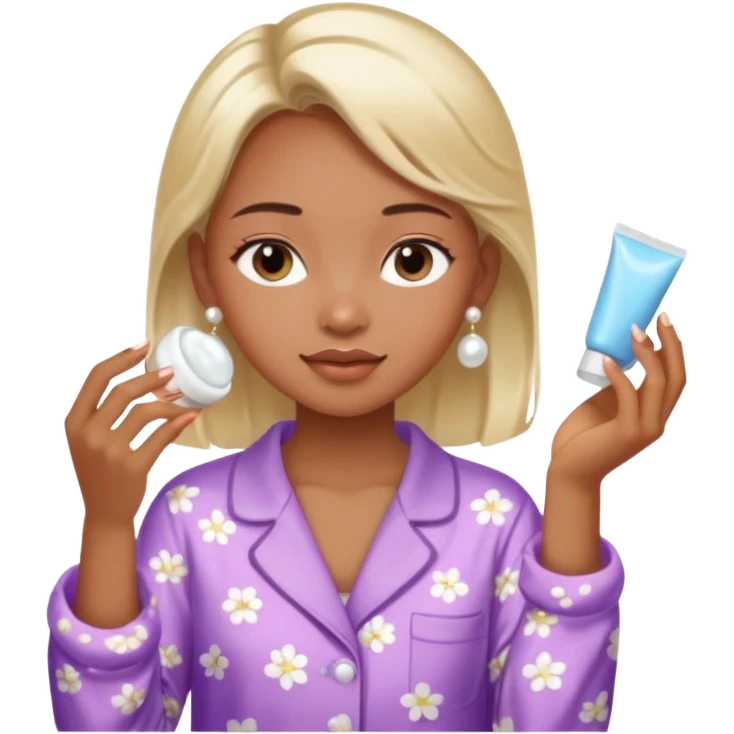 Clean girl aesthetic emoticons, apply skincare products, pearl earrings, glowing skin, pajamas, soft lighting emoji
