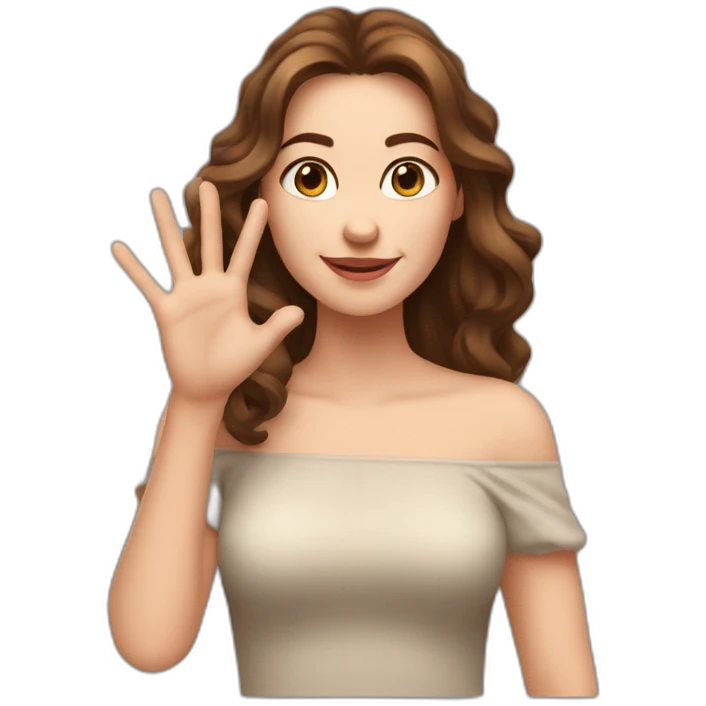 white woman with shoulder-length wavy brown hair, wearing an off-shoulder top, and making this gesture 🫶🏻 emoji