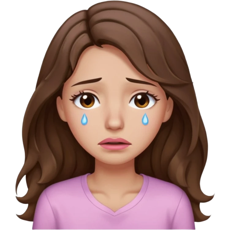 girl with wavy long brown hair, brown eyes, light to medium complexion, long lashes, light pink lipstick, wearing light pink shirt, weeping big big tears emoji