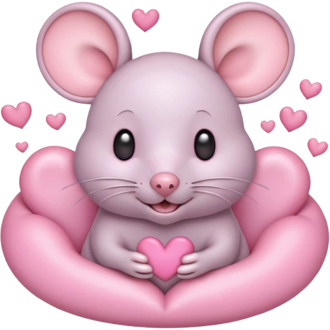 pastel cream cartoon mouse with large, round, pink-lined ears. The mouse has heart eyes, a small open mouth, and is surrounded by floating pink hearts, conveying a feeling of love, adoration, or strong affection. emoji
