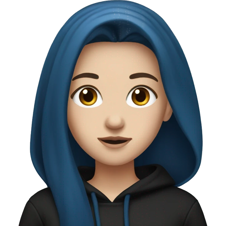 white girl with long straight dark blue hair wearing black hoodie emoji