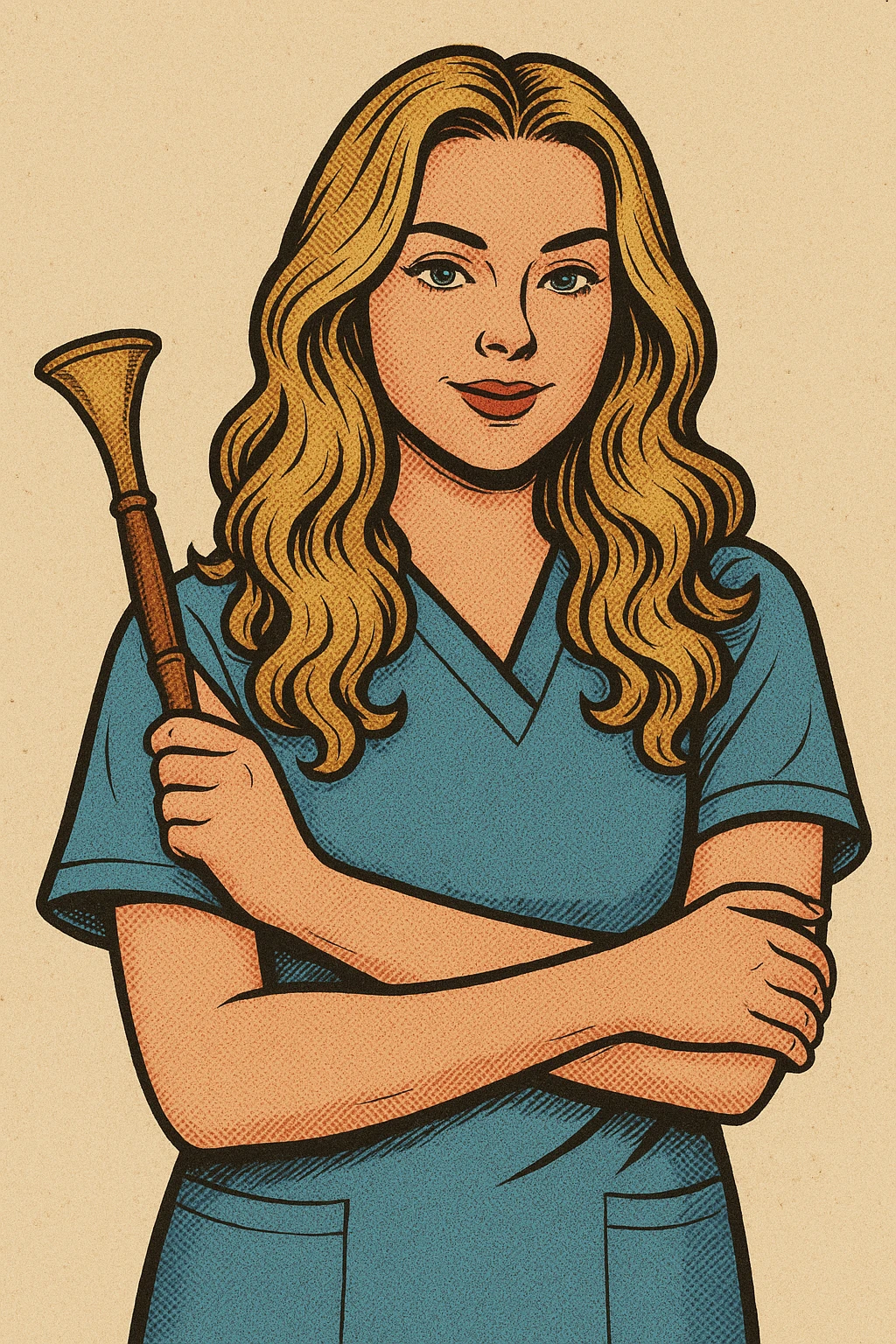 Portrait of a girl as in the reference photos, with the same appearance and clothing. She holds an obstetric stethoscope in one hand, the other hand is hugging herself. Style: old-school comic book with thin clean contours, soft rounded shapes, detailed shadows and highlights, soft lighting, minimalist background without decoration. emoji