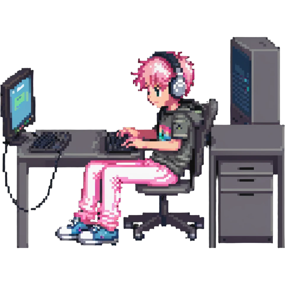 boy in pink pants sitting at a computer listening to music with headphones emoji