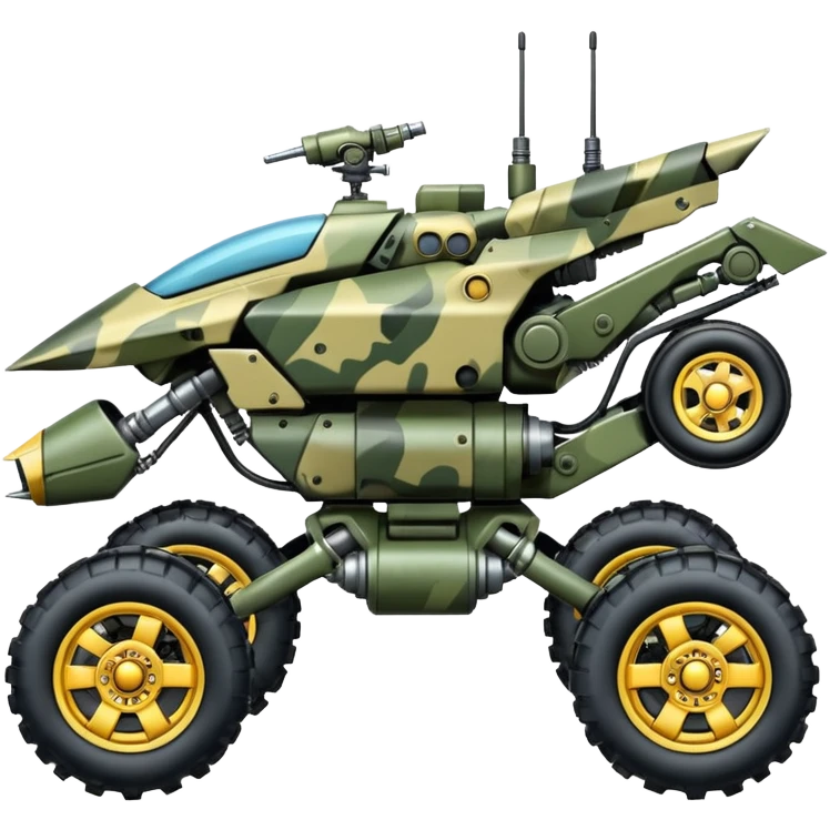 a 4-wheel camouflage army massive mech motorcycle shooting forward side-hill actively suspended pod enemy mech off-road racing rover with large fast engine  emoji