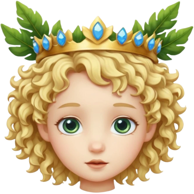 Cute Cupid character head with a large forehead, big bright blue eyes, and short, voluminous curly golden blond hair. A green leafy branch crown sits on the head. Stylized, colorful, cartoon look focused on innocence and cuteness. emoji