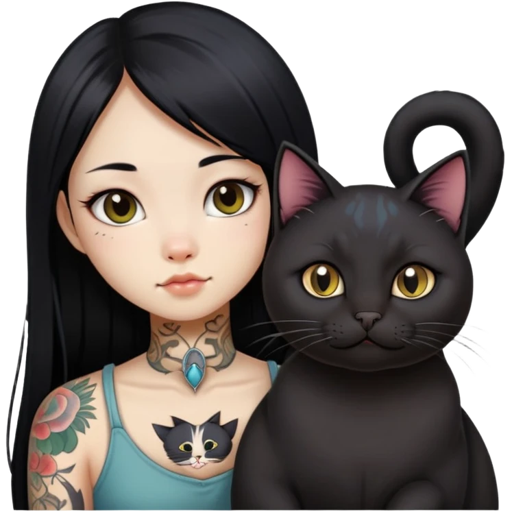 a Chinese girl with long black  straight hair and tattoos and a black round faced cat emoji