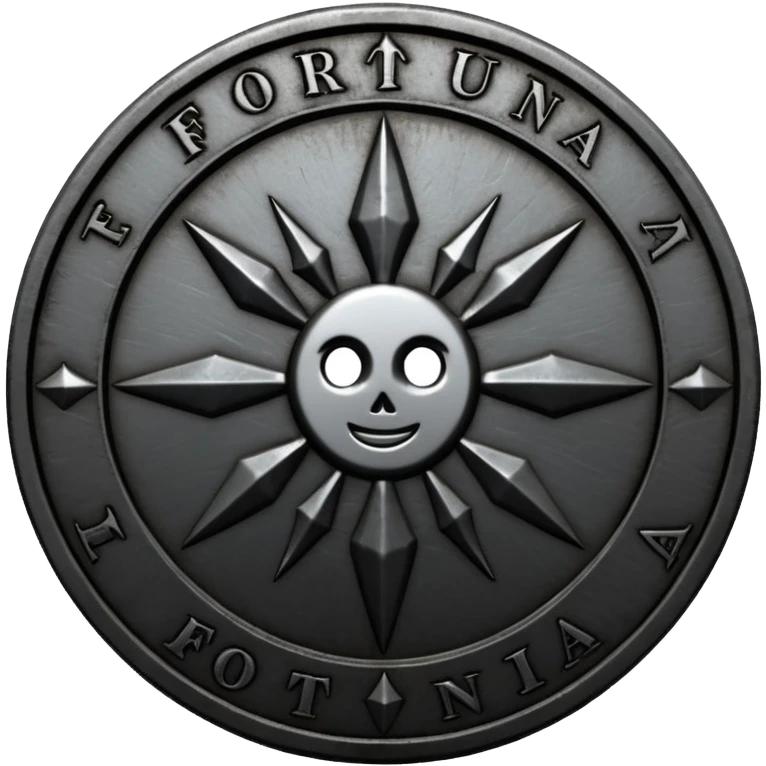 Minimal emoji, gothic metal coin made of black steel, engraved word FORTUNA at the center, ancient industrial aesthetic, worn metal texture, no glow, no neon, flat emoji design, centered, transparent background emoji