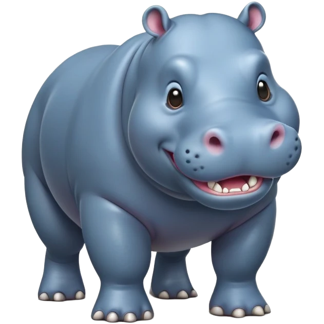 cinematic-hippo-realistic-full-body-side-view-standing-on-all-fours-emoji,-massive-round-frame,-wide-mouthed-grin-exposing-huge-teeth,-head-tilted-dramatically,-thick-greyish blue-hide-glossy, big cute eyes emoji