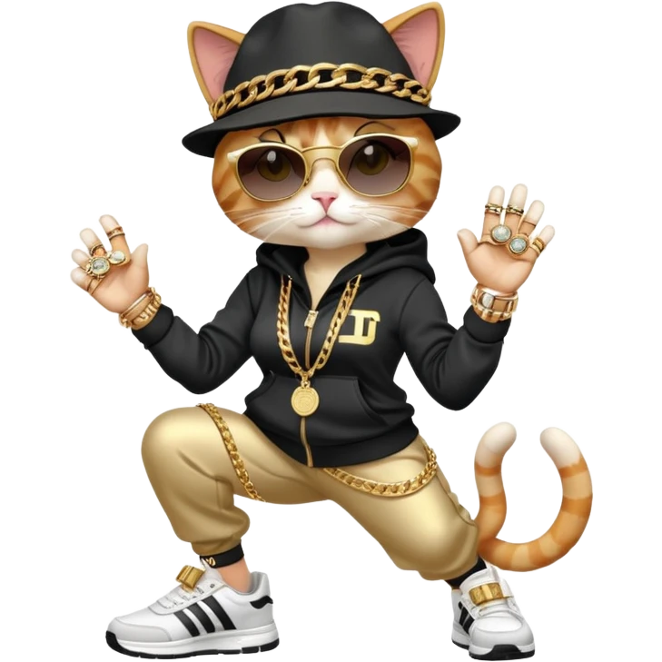 female cat wearing Run DMC hip-hop outfit with tracksuit, fedora, Adidas sneakers, dark sunglasses, many gold chains, rings, bracelets, flashy earrings, upright pose emoji