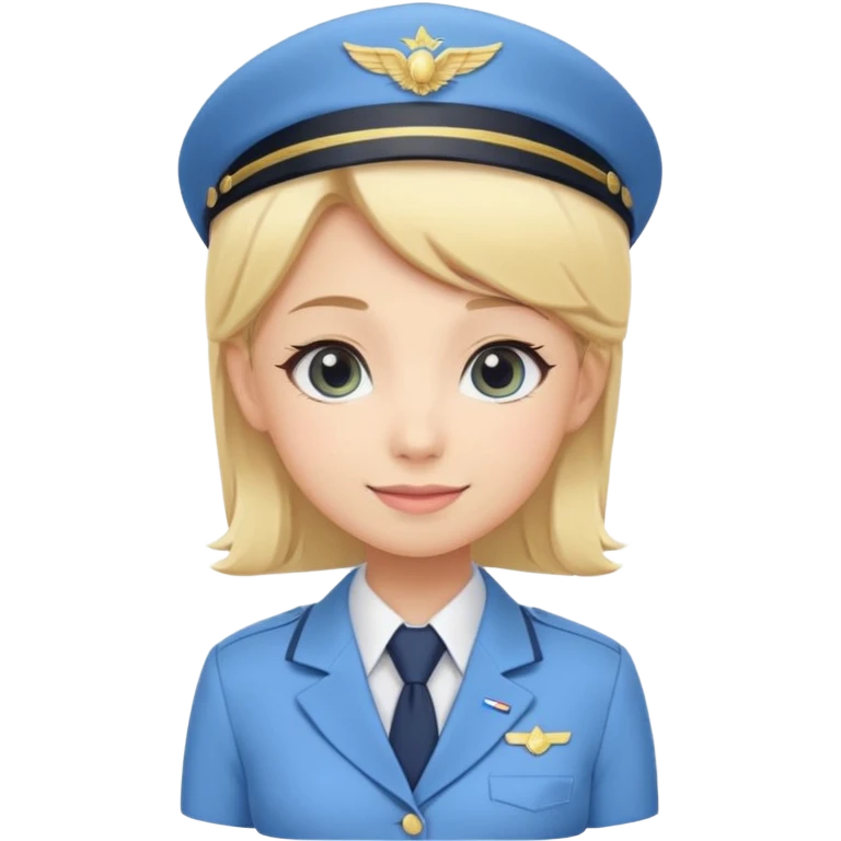 Cute emoji-style Japanese flight attendant, blonde hair, pastel blue airline uniform, kawaii cartoon style, big eyes, simple clean lineart, pastel colors, chibi proportions, friendly smile, sticker/emoji, transparent background emoji