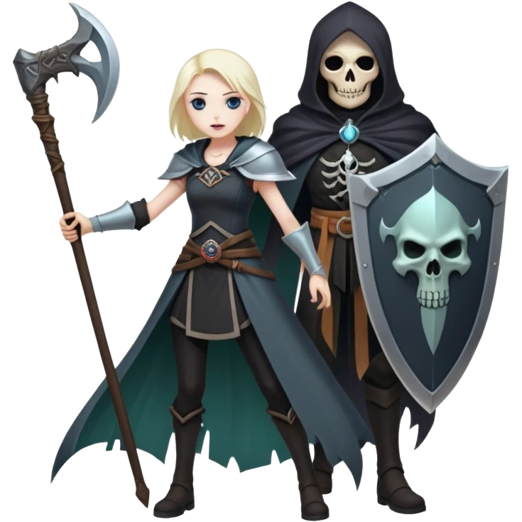 Necromancer girl with scythe and shield, in front of a dead mage emoji