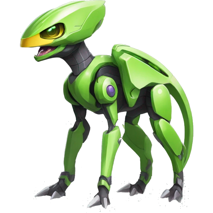 a shiny green Genesect-Raptor-Fakémon—hybrid with a futuristic visor-helmet full body emoji