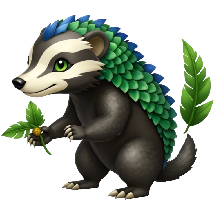 Cute cool fantasy animal hybrid Honey-Badger-Digimon-Fakemon full body, green scales, green leaves, brown eyes, blue feathers emoji