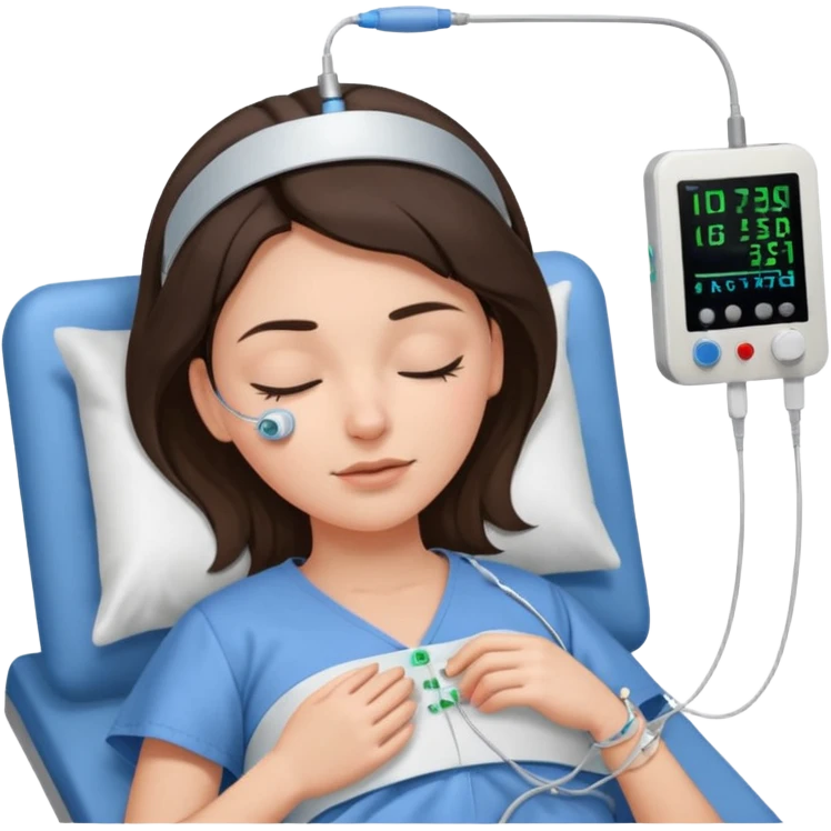 brunette woman sleeping polysomnography sleep test with electrodes attached to head emoji