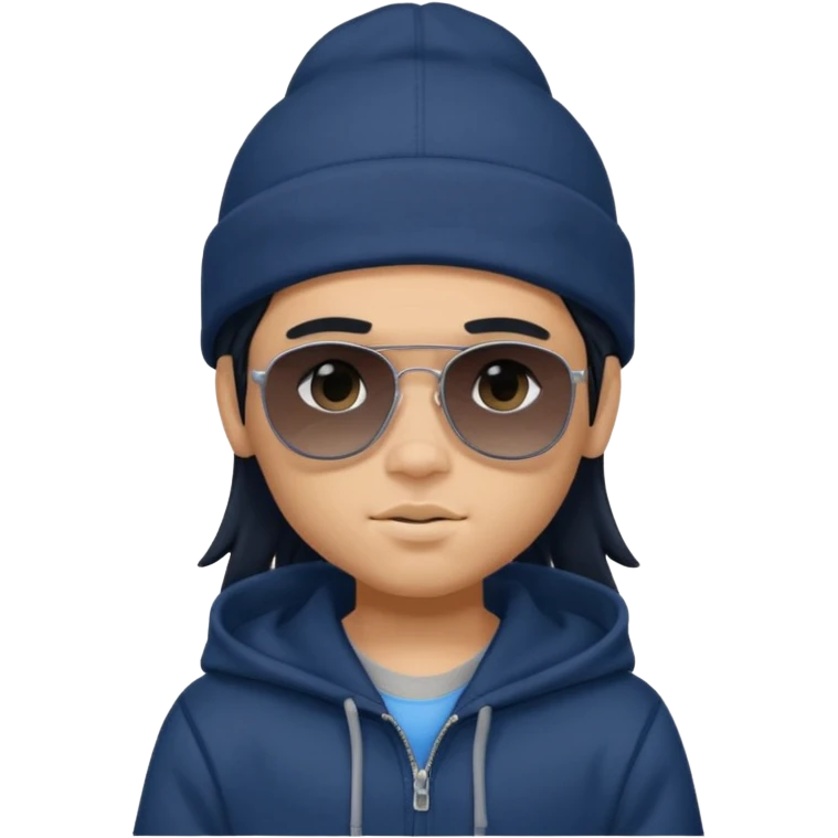 generate a fair pretty bratz boy wearing a dark blue cap with black sunglasses and a grey hoodie

hair black long emoji