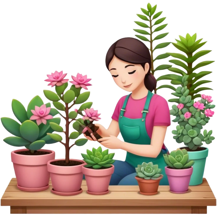 Close-up of planting a sapling in a pot. Around, potted plants and succulents with vibrant leaves and flowers. Sunlight filters through the window, casting soft shadows. Cozy indoor space with gardening tools on a wooden table. emoji