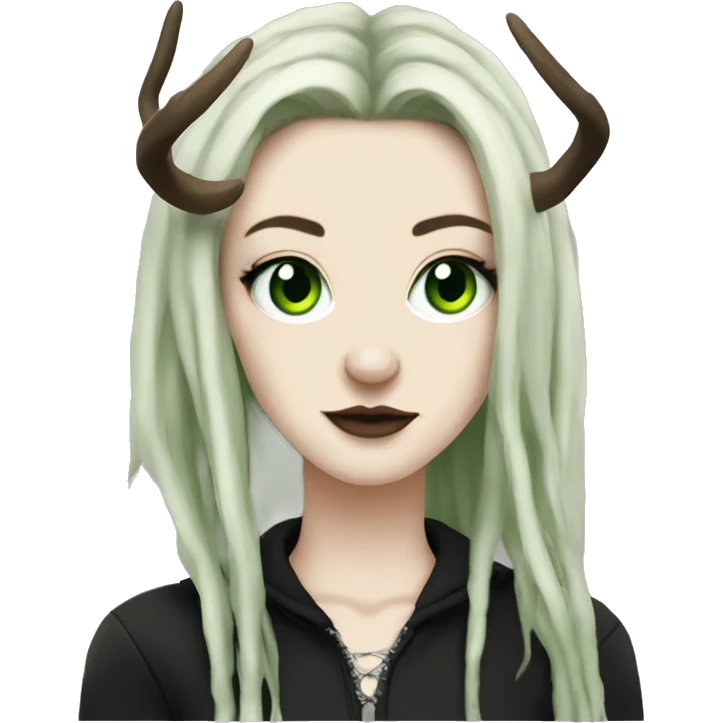 Portrait of a woman with pale skin, green eyes, black dreadlocks, eyeliner, deer antlers, punk, grunge emoji