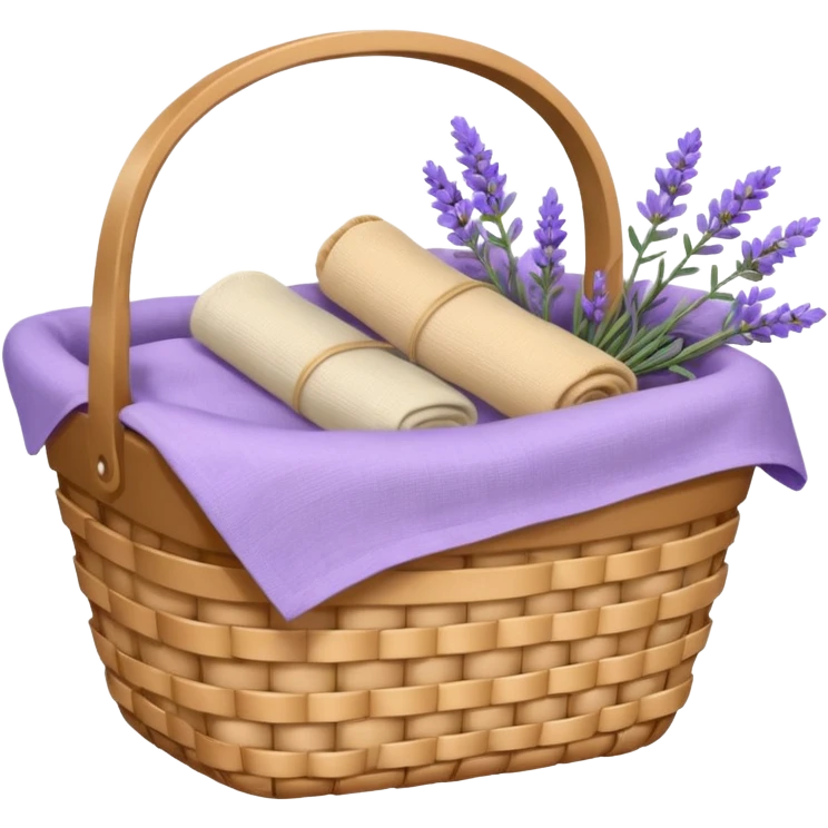 Basket of beige linens and lavender emoji