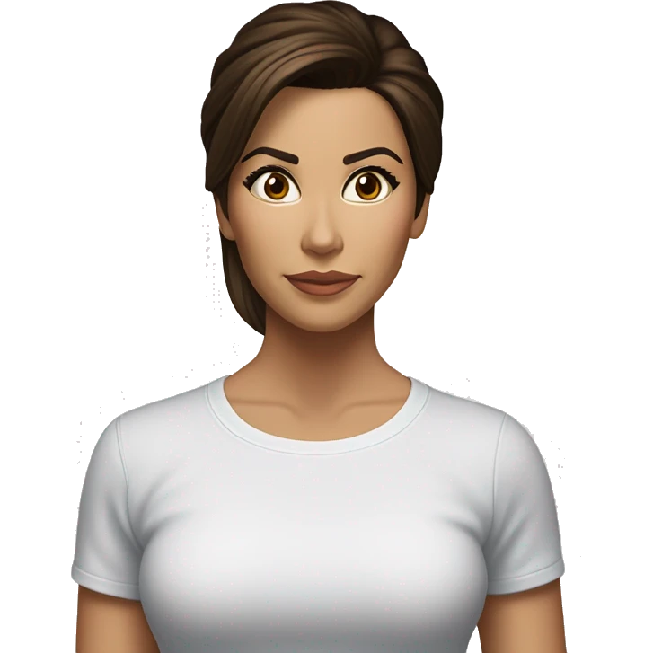 3/4 face, contrasted, shadow, light, Eva Longoria expression, standing from a distance, thin nose, brunette woman, hazel eyes, long eyelashes, dark shoulder shaded hair, white t-shirt, jeans, white sneakers emoji