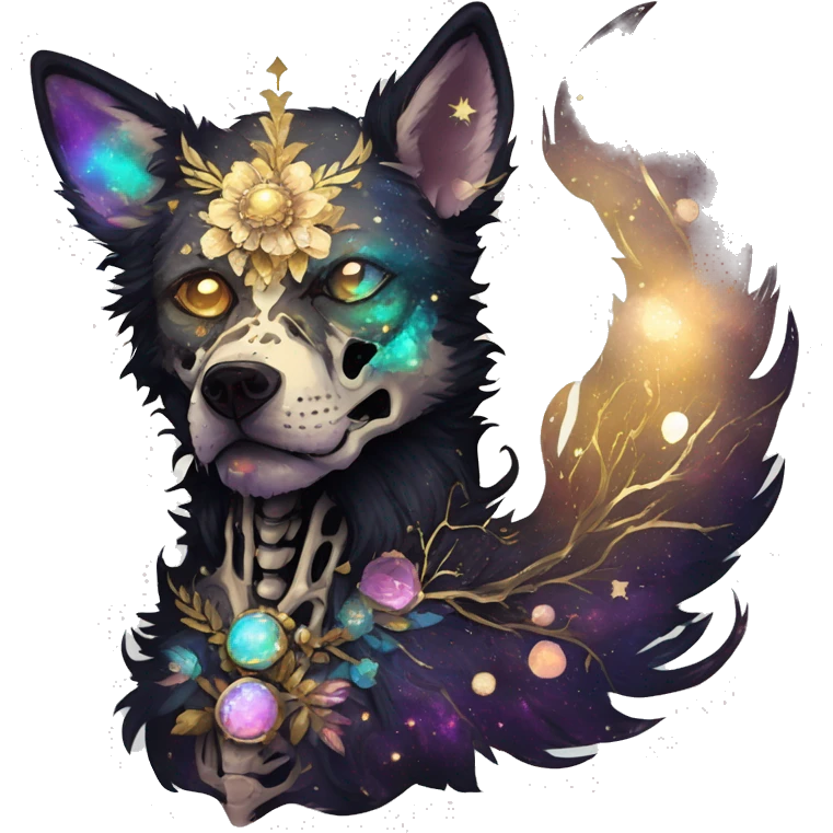 iridescent kintsugi fluffy zombie black brown gold dog fox head zombie skull skeleton gold mechanical nebula galaxy stars colorful flowers fairy lights vintage zombie emoji