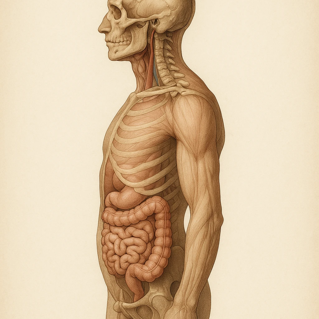 realistic anatomical illustration of human body with intestine, side view, anatomical details, natural colors emoji
