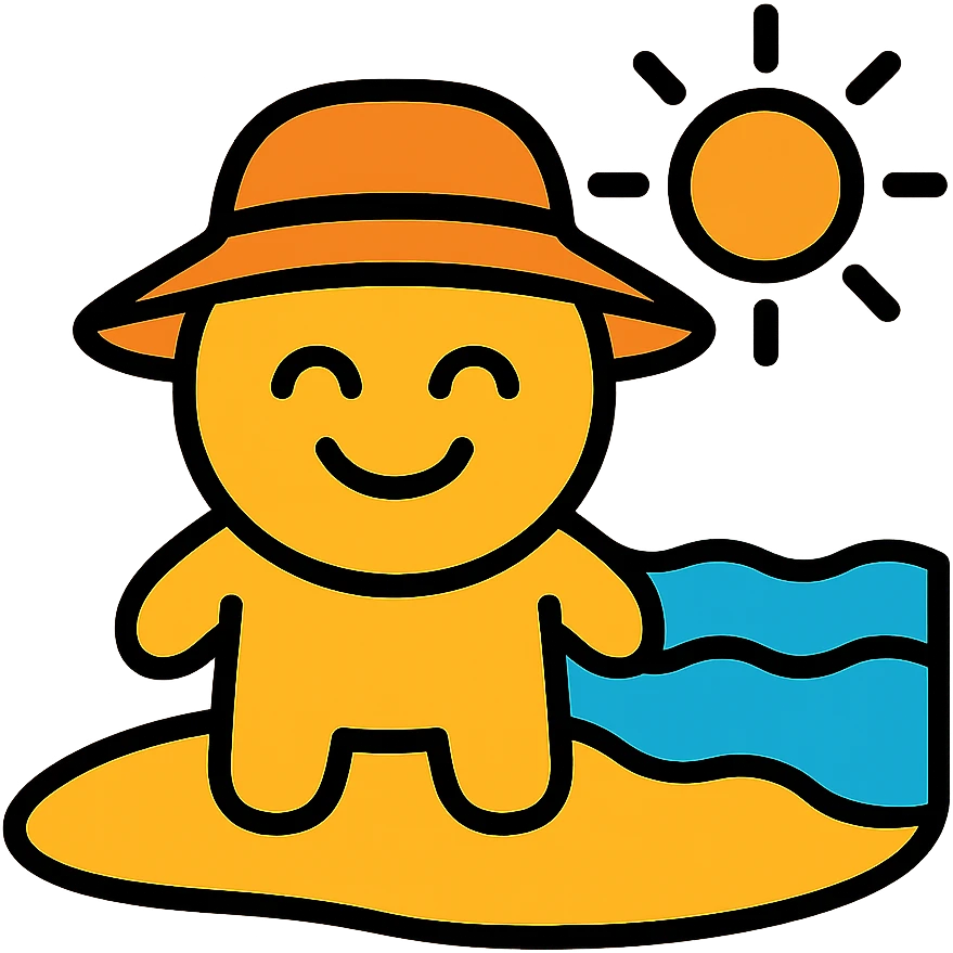 Happy beach character with sun hat on sandy beach with water and sun, highlighted emoji