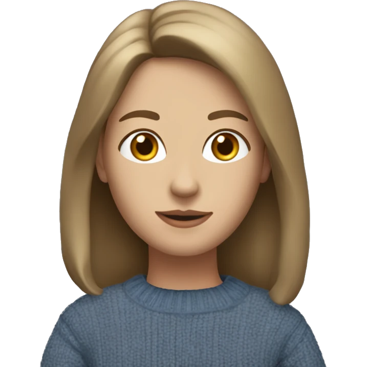 “Emoji-style portrait: 154 cm tall, proportional figure, dark blonde shoulder-length hair, oval face, deep brown eyes, small nose, medium-full lips, wearing a blue sweater and jeans.” emoji