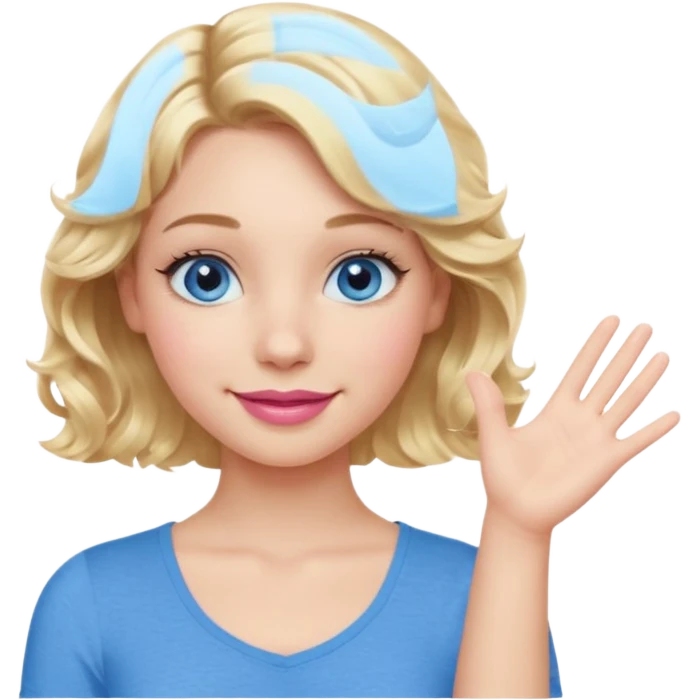 Girl Blonde short wavy hair,  blue eyes, cute blue top, long lashes, pink lips, smiling, one hand palm up side ways  emoji