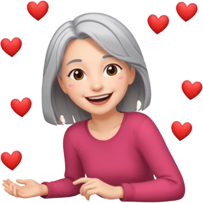 Shoulder length gray hair girl rolling on floor laughing with hearts  emoji