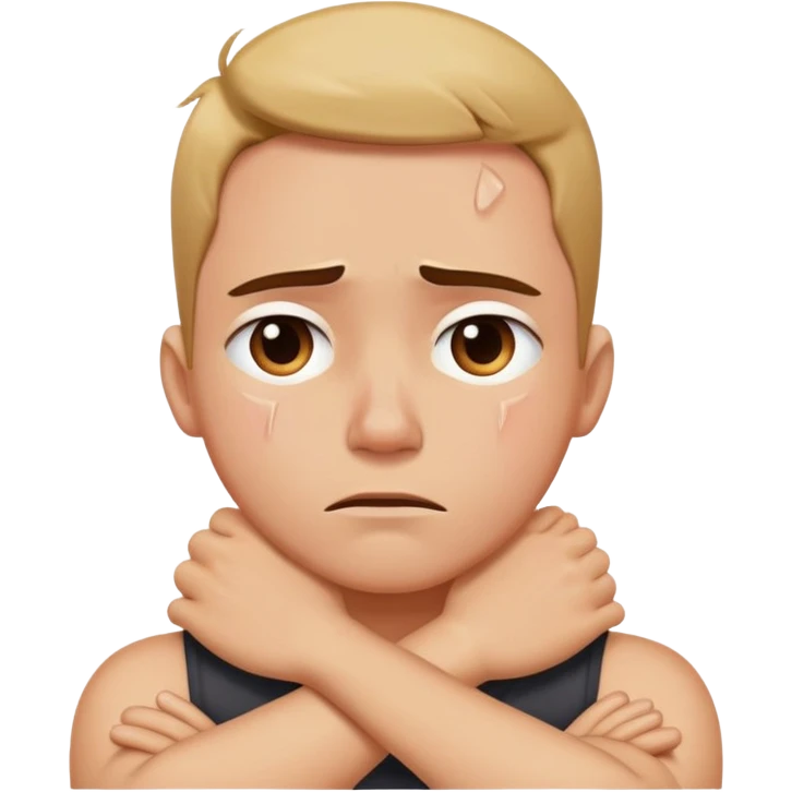 Arms crossed around neck with mad face and tears emoji