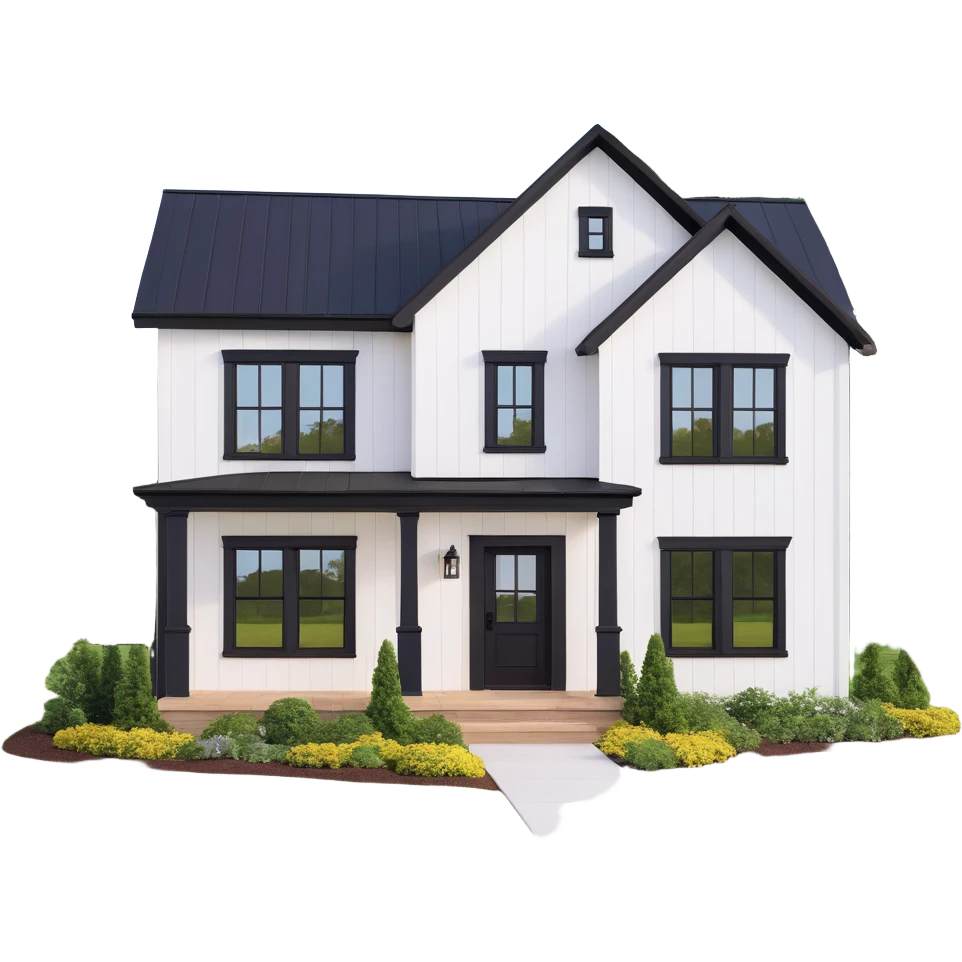 modern farmhouse with white siding and black trim emoji