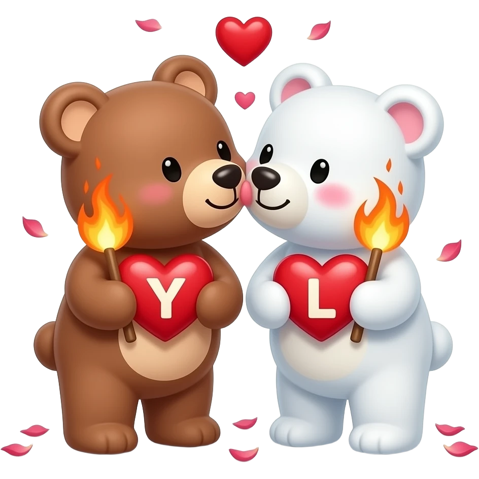 I want one light brown bear teddy kissing on cheek white bear teddy both holding heart fire , both a little furry, the  white bear blushes and smiles , add letter Y to the heart of the brown bear and letter L to the heart of the white bear , rose petals falling from sky , passion emoji