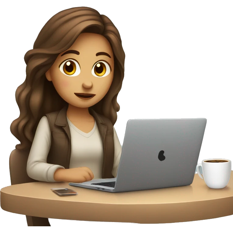 cute girl with brown hair working on laptop and drinking coffee emoji