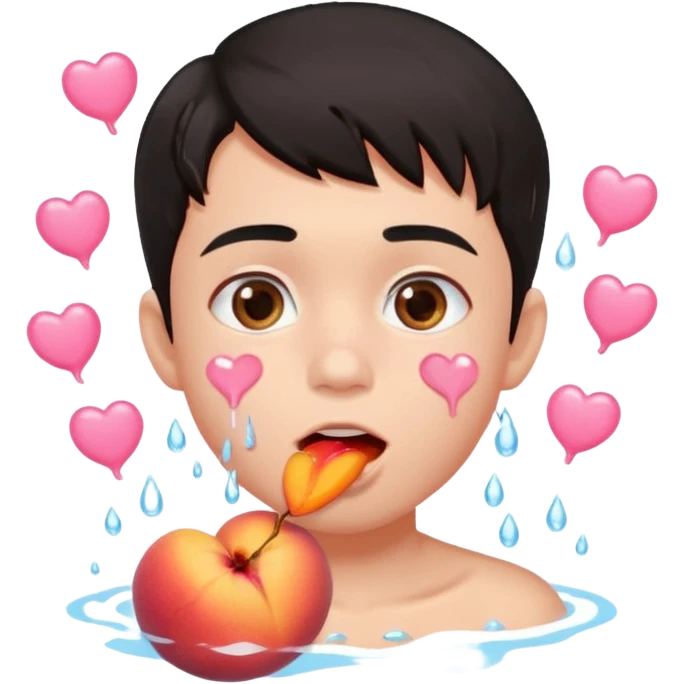 Cute boy, light pink eyes, grown out dark hair, eating a peach, pink hearts floating , water dripping from mouth emoji