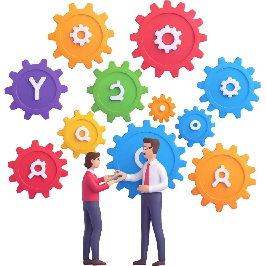 3D emoji style illustration of a business process being reshaped with personalization, featuring a flowchart or gears with individual icons or avatars, and a person customizing or adjusting the process emoji