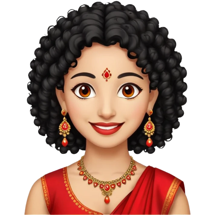 "- Phụ nữ
- 35 tuổi
- Da vàng
- Tóc đen xoăn nhẹ
- Có chấm đỏ Bindi, đeo khuyên tai
- Mặt cười
" emoji