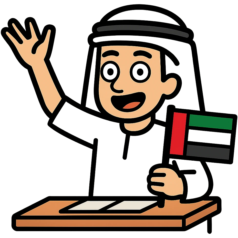 Edit the lively character to have an Emirates theme, wearing traditional Emirati attire and showing the UAE flag in the classroom, with no background. emoji