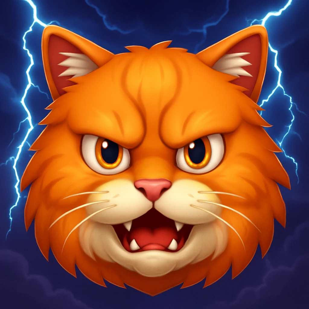 Add a dramatic lightning background behind the angry cat in the style of emoji (apple style emojis). Keep the emoji style look. emoji