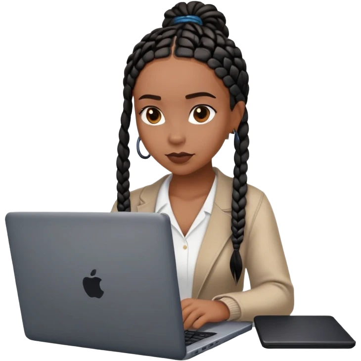  A dark brown woman with black box braids sitting behind a laptop, typing or looking at the screen. emoji
