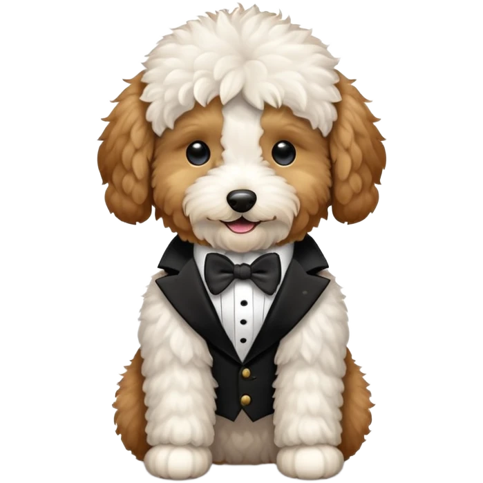 A mini golden doodle wearing a tuxedo emoji