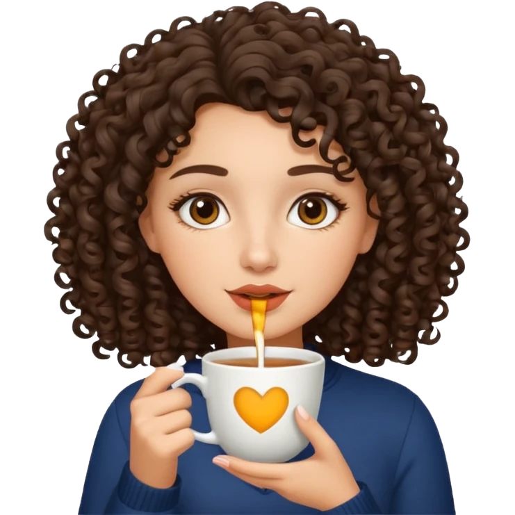 Latina brunette girl with curly hair sipping tea emoji